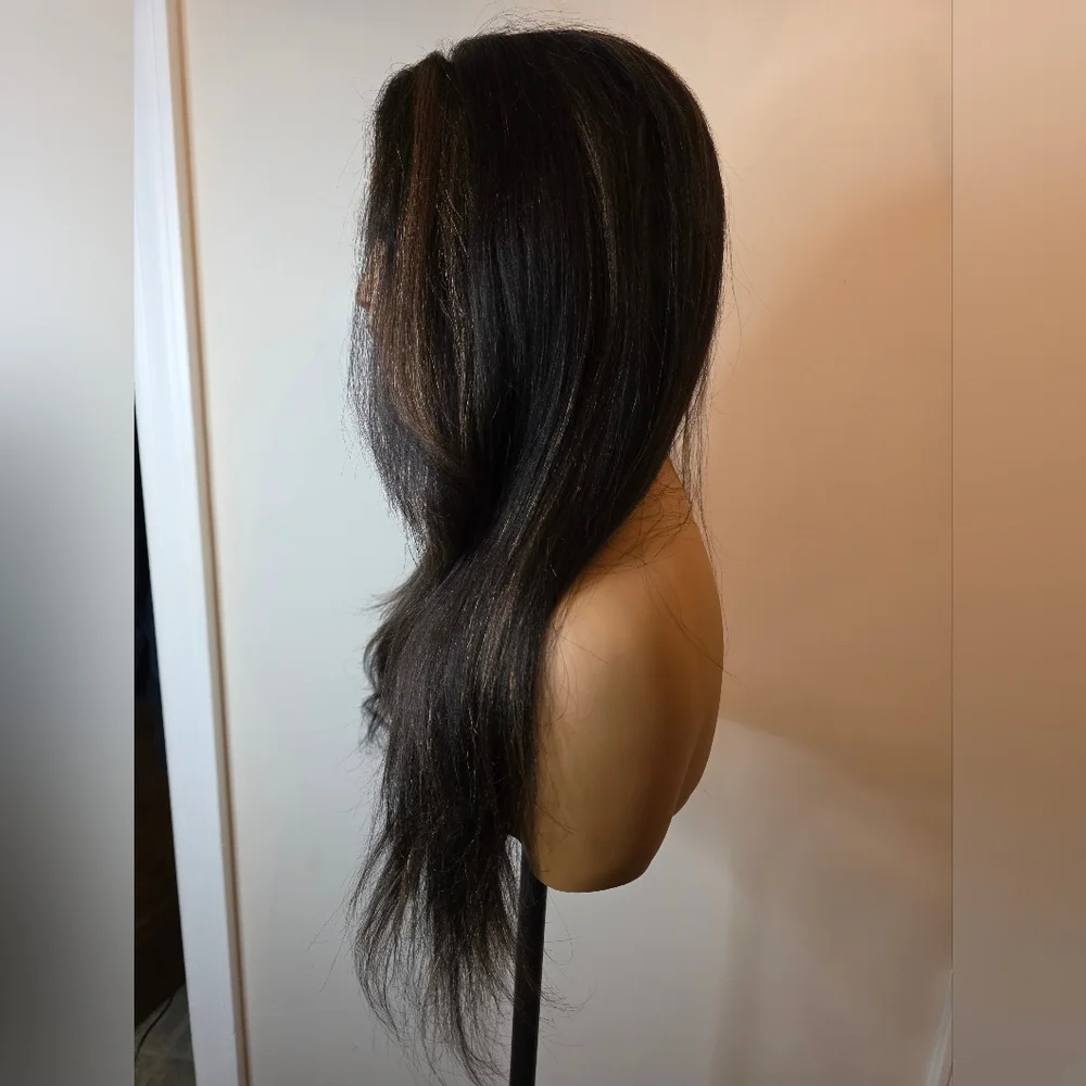 Natural Black Chestnut Highlight Yaki Straight Human Hair Wig - Picture 4 of 11